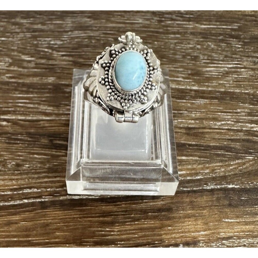 Handmade Ornate 925 Sterling Silver Larimar Poison Pillbox Ring Sz 6.75